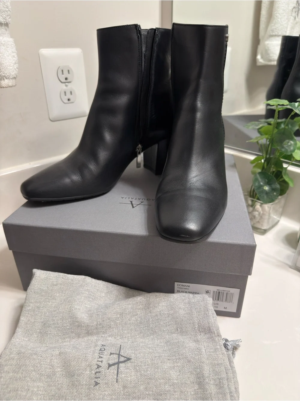 Aquatalia Black Leather Block Heel Ankle Boots